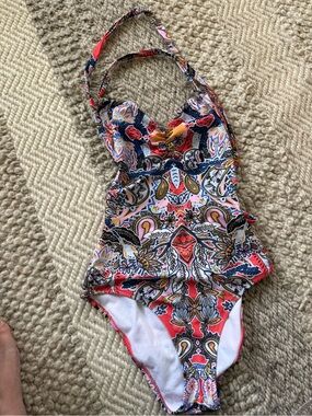Minkpink Floral Paisley One-Piece in Coral, Navy & White small lace up back